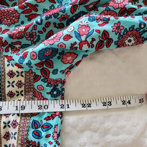 SHEIN Women XL Boho Floral Tassel Tie Tunic Top Turquoise Orange Mixed Print - Picture 7 of 9